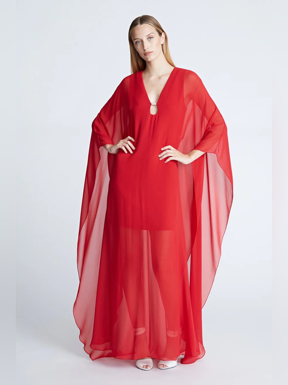 Halston Paula Red Long Chiffon Crepe Gown